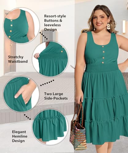 Image of RITERA Plus Size Summer Casual Dresses for Women Sleeveless Button Down Empire Waist Ruffle Tiered Swing Midi Dress XL-5XL