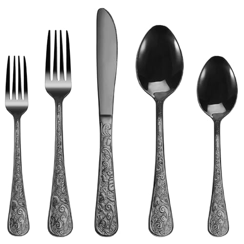 Runfly Vintage Carved Black Stainless Steel 20 Pieces Flatware Set, Black Silverware Set, Modern Embossed Cutlery Set Utensils Including Fork Spoon and Knife