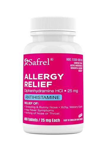 Safrel Allergy Relief Medication 25mg Diphenhydramine HCl, Antihistamine for Sneezing,