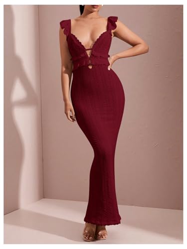 Image of WDIRARA Women's Textured Cut Out Backless Bodycon Maxi Dress Ruffle Sleeveless Fishtail Cami Dresses