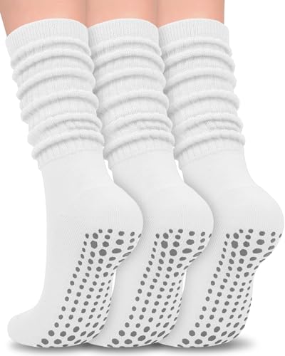 Image of Aoliks Pilates Grip Socks for Women, Slouch Non Slip White Yoga Socks for Barre Reformer Class, Scrunch Grippy Socks for Indoor Home Exercise