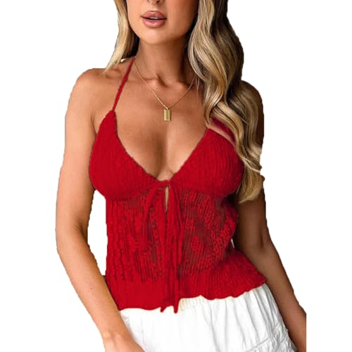 Image of Women's Sexy Halterneck Tie-Up Front Crop Top Sleeveless Backless Lace Cardigan Tops Streetwear