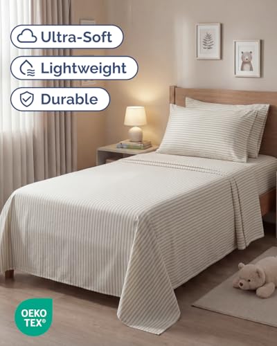 Image of Twin 4 Piece Bed Sheet Set - Breathable & Cooling Sheets - Beige Stripes | Ultra Soft Hotel Luxury Bedding Set with 8-16 Inch Deep Pockets, 1 Flat & 1 Fitted Sheet & 2 Pillowcases, Wrinkle & Fade Free