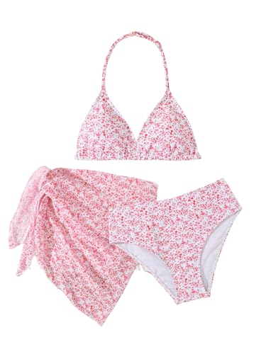 Image of SEGT Girl's 3 Piece Striped Bikini Swimwear Cute Swimsuits Bathing Suit High Waisted with Cover Up Beach Skirt