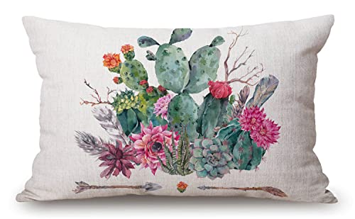 Solekla Watercolor Cactus with Flowers Lumbar Throw Pillow Cover 12x20 Inch Decorative Bedroom Living Room Rectanglar Cushion Case for Bed Sofa Couch