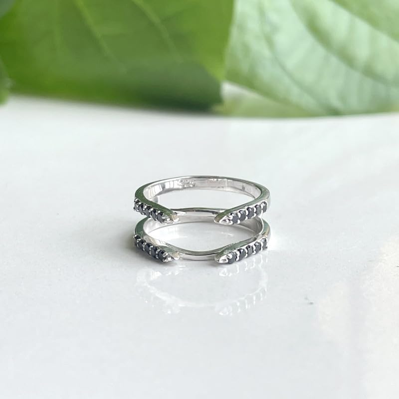 Round Cut Black Diamond Enhancer Guard For Women, 14K Gold Plated 925 Silver Black Diamond Enhancer Wrap Guard Matching Band