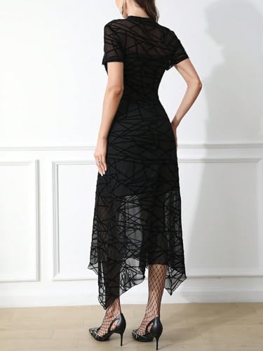 Image of GothDark Women Summer Wedding Guest Floral Mesh Irregular Hem Midi Dress | A-Line, Short Sleeve, Sheer Mesh Overlay, Elegant Vintage Dresses For Party, Semi Formal, Vacation, Dinner, Church