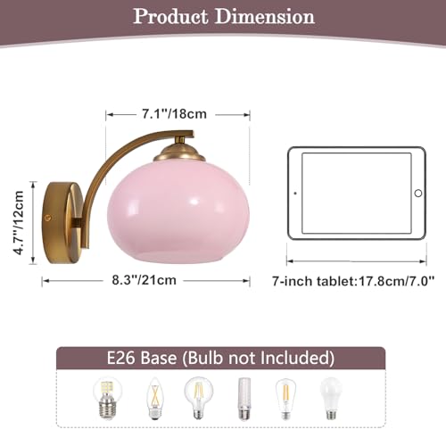 Image of Pink Wall Sconce Light Antique Brass Sconces Set of 2 Mid Century Modern Globe Wall Sconce Lighting Vintage Bedroom Wall Lights Gold Hallway Wall Lighting Fixtures