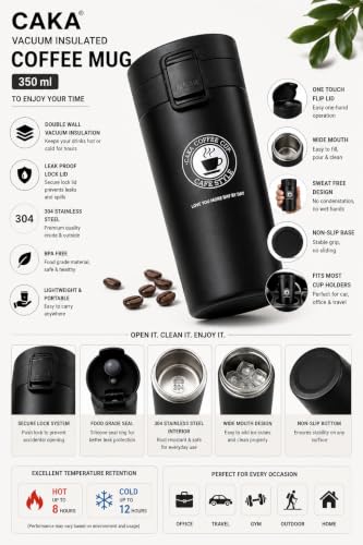 Image of 350ml Stainless Steel Travel Coffee Mug - Double Wall Vacuum Insulated Thermal Tumbler with Leakproof Flip Lid | Hot & Cold Coffee Cup for Office, Travel & Car (Black)