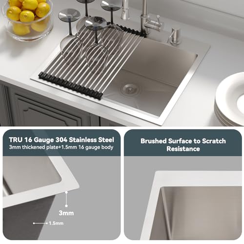 Lordear 25 Drop In Kitchen Sinks 25 x 22 Single Bowl Stainless Steel 16 Gauge Topmount Over Counter Handmade Kitchen Laundry Room Utility Sink Basin by Lordear - Used condition - Image 7