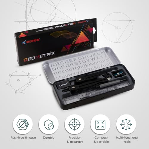Image of Kores Geometrix Geometry Box for Students | Complete Mathematical Instrument Box with Die-Cast Compass, Divider, Protractor, Scale, Set Squares, Stencil, Pencil, Eraser & Sharpener | School & Exam Use