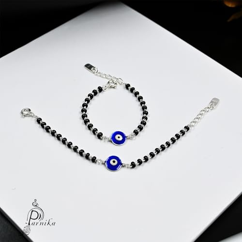 Image of Parnika (Formerly MJ 925 Traditional Silver & Black Crystals Baby Nazariya Kids Silver Bracelet in Pure 92.5 Sterling Silver for Kids - One pair