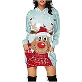 Kosheko Women Merry Christmas Sweater Dress Cute Ugly Reindeer Graphic Hoodies Dress with Pocket Loose Fit Xmas Sweatshirt