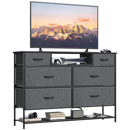 cointwo Chest of Drawers Bedroom with Shoes Shelf, 47.2”Wide Fabric Dresser with 6 Drawers, TV Stand with Open Storage Shelf, Multi-function Storage Cabinet for Bedroom, Living room, Hallway Use, Grey