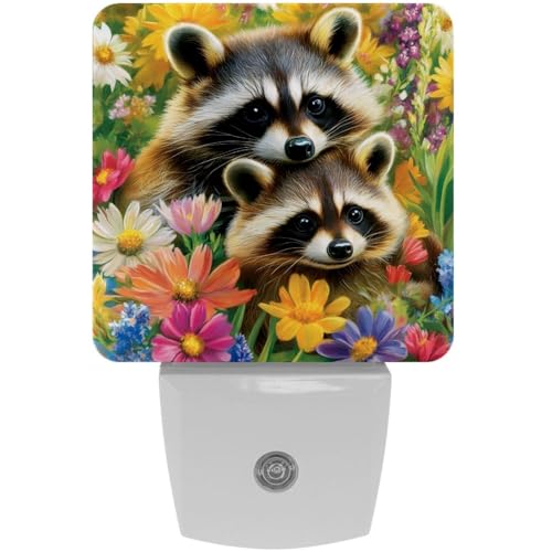 Image of NEWzone Flower Raccoons Night Light Set of 2, Auto Sensor LED Dusk-to-Dawn Nightlights, Plug-in Sensor Lamp for Bedroom Bathroom Kitchen Hallway Stairs Decorative