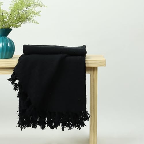 Image of Cotton Black Tasseled Throw Blanket | Sofa Throw 50x60 Inch, 127x 152 cm | Reversible, Breathable and Lightweight (Pack of 1)