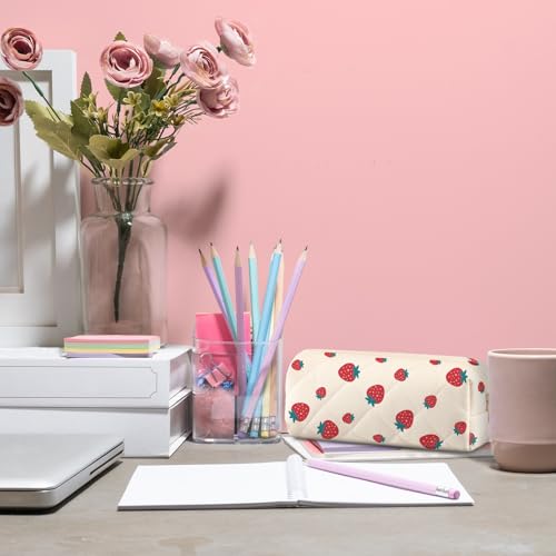 Image of Sherr Strawberry Pencil Case Cute Fruits Pencil Pouch Soft Cotton Quilted Storage Bag Aesthetic Pattern Gift Makeup Pouch Cosmetic Travel Bag for Women