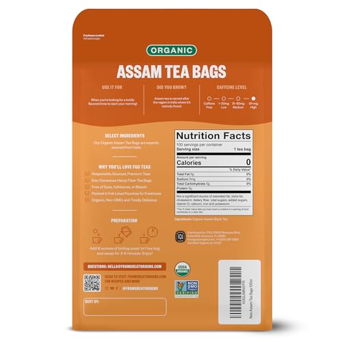 Image of FGO Organic Assam Tea, 100 Count, Eco-Conscious Black Tea Bags, Resealable Bag, Packaging May Vary (Pack of 1)