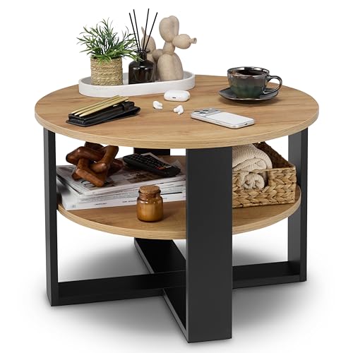 defiPad Table Basse Ronde Ø70 cm – Table d’appoint Bout de canapé avec étagère, 2 Niveaux, Meuble de Salon Moderne, Blanc et chêne, Design Industriel,...
