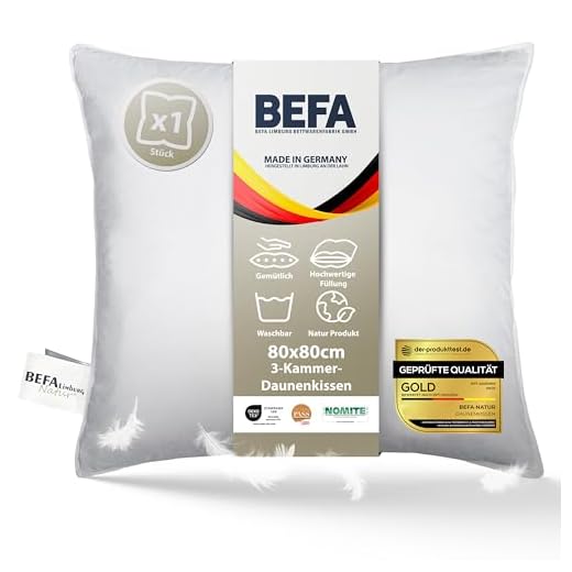 Welt-der-Träume Natur Kissen Kopfkissen Daunenkissen 1 Stück 80x80cm 15% Daunen / 85% Federn (Füllgewicht zur Auswahl 1300 Gr - 1500 Gr) (80x80 cm (1300 gr)) 4 BEFA NATUR Made in Germany 3-Kammer Kopfkissen 80x80 cm, weiß, Allergiker geeignet (nomite), Öko-Tex 100 Klasse 1 Zertifiziert, Downpass