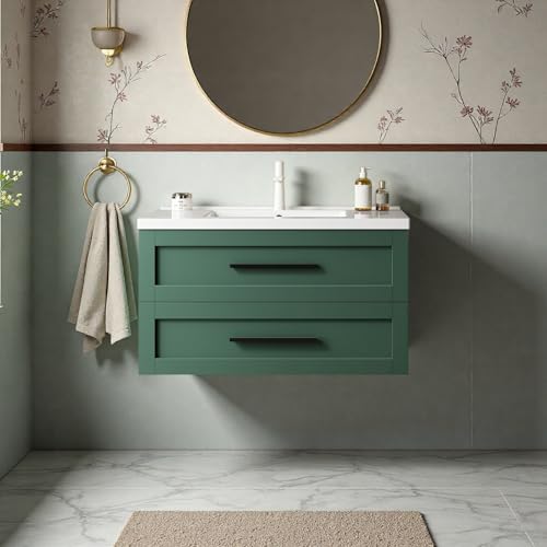 Image of Floating Bathroom Vanity with Sink, 36 inch Bathroom Storage Cabinet with Curve Design Ceramic Basin & 2 Soft-Close Drawers, Wall-Mounted Vanity with Large Storage Space & Black Handle, Green