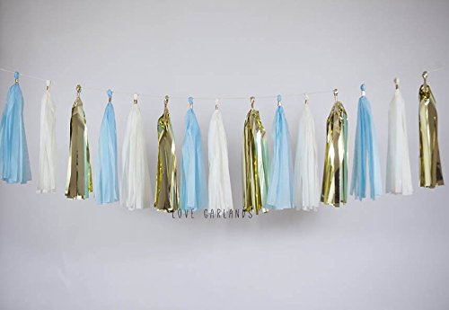 Amazon Com Ivory Gold Sky Blue Tassel Garland Blue Gold Garland Blue Nursery Decor Blue Bridal Shower Light Blue Banner Cake Smash Banner Sky Blue Tassel Garland Handmade Products