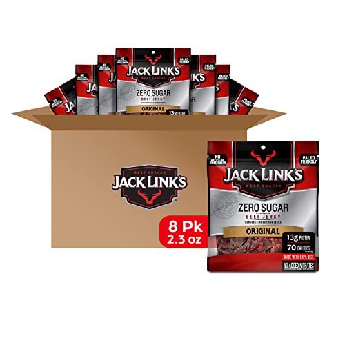 Jack Link's Beef Jerky, Original, Zero Sugar - Flavorful Meat Snacks, Great Stocking Stuffers, Ready to Eat Protein Snacks with 13g of Protein per Serving, Made with 100% Beef - 2.3 Oz. (Pack of 8)