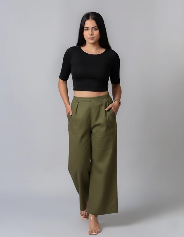 Image of Moirai Pure Cotton Wide Leg Women Trouser Stylish Mid Rise Relaxed Straight Fit Loose Pants Casual Travel Office Formal Wear