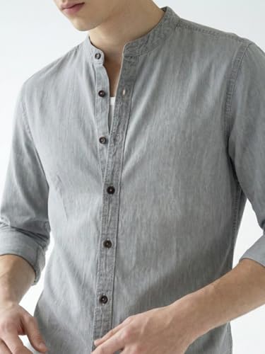 Image of Amazon Brand - INKAST Men Washed Cotton Twill Denim Casual Button Down Shirt | Mandarin Collar | Full Sleeves | Regular Fit | Stylish Summer - Everyday Wear