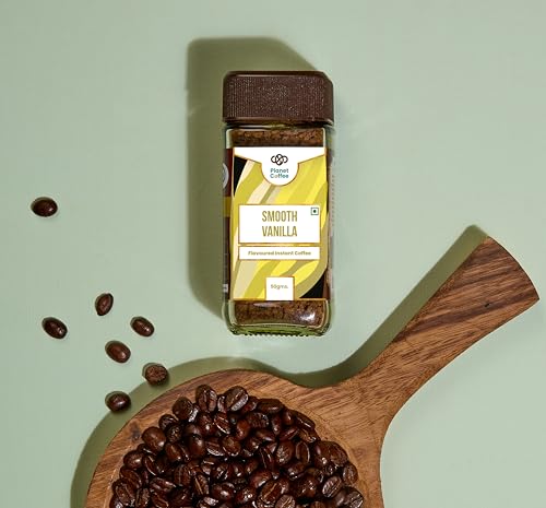 Image of Planet Coffee Smooth Vanilla Flavoured Instant Coffee | 100% Pure Arabica | 50g Glass Jar | Freeze-Dried | No Added Sugar | Medium Roast | Makes 25 Cups
