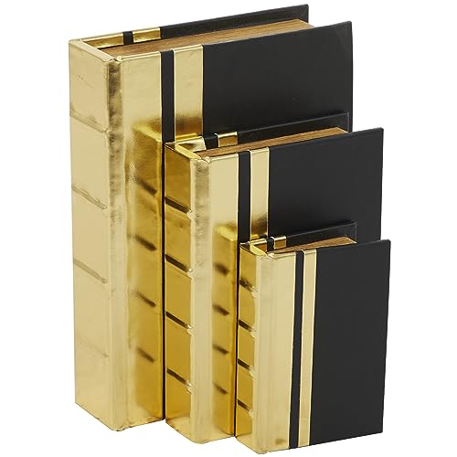 Cosmoliving By Cosmopolitan Faux Leather Faux Book Box With Metallic Finish, Set Of 3 12", 9", 6"H, Gold #TOP13