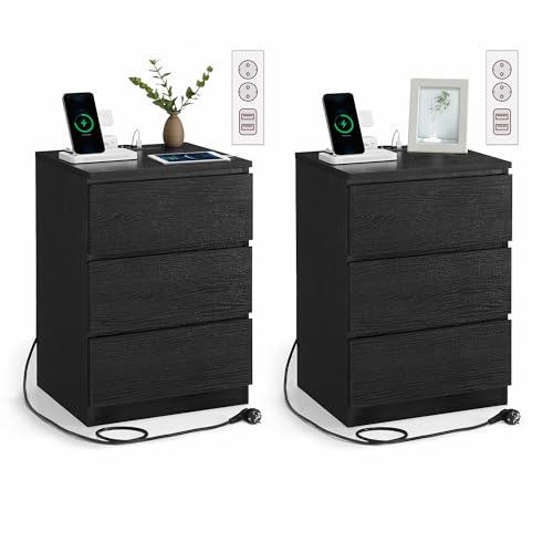 VASAGLE Kailyn Kollektion - Nachttisch mit Steckdosenleiste, 2er Set, Beistelltisch, 3 Schubladen, 2 AC-Steckdosen, 2 USB-A-Anschlüsse, modern,...