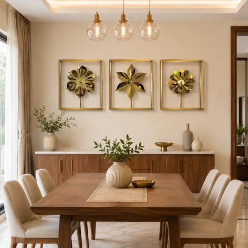 Image of Framing Hub - Metal Flower Wall Decor Set of 3 Gold Iron Leaf Floral Wall Art Decorative Hanging for Living Room Bedroom Home (16 x 16 Inch)