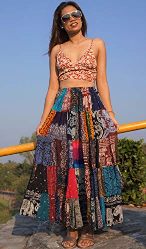 Patchwork Skirt Long Boho Colorful Unique Gypsy Tiered Maxi Full Flared Rayon, Multicoloured, Large4