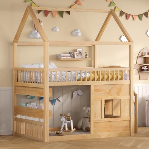Image of Bellemave Bunk beds Full Over Full with Storage Stairs,Two Placement Methods,House bunk Bed, Pink