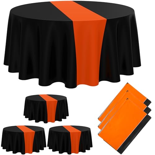 Image of Remagr 3 Pcs Round Plastic Tablecloth 84 Inch Disposable Tablecloth Party Table Cover for Graduation Wedding Birthday Retirement Decoration (Black,Orange)