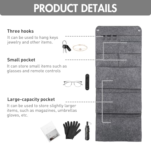 ESYFOR Hängeorganizer 6 Fächer 3 Haken, 80 * 32CM Wandorganizer Hängend Filz Faltbare Große Kapazität Wand Organizer Hängend Tasche für Türen, Badezimmer, Flure, Flur, Büro, Organizer