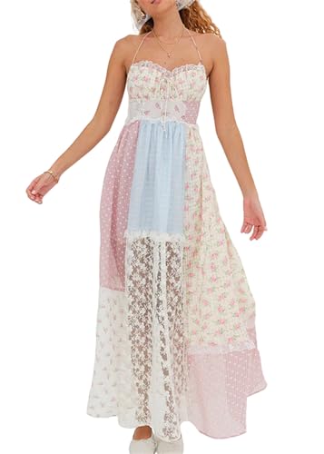 Women Boho Floral Smocked Maxi Dress Y2k Patchwork Lace Layered Long Beach Dress Casual Flowy Summer Sundress