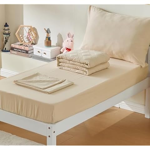 Cozyholy 4 Piece Toddler Bedding Set for Boys Girls Beige Geometric Stitched Microfiber Crib Bed Sheets Set Lightweight Quilted Comforter Set,Include Comforter, Flat Sheet, Fitted Sheet, Pillowcase Cover