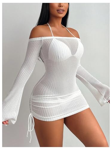 COZYEASE Women's Off Shoulder Sheer Cover Up Drawstring Long Sleeve Crochet Beach Dress3