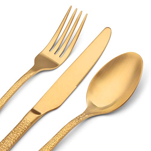 GIOCOCO Hammered Matte Gold Silverware Set 20-Piece, Premium Stainless Steel Utensil Set, Tableware Cutlery Set Service for 4, Flatware Set include Knife/Spoon/Fork, Dishwasher Safe.