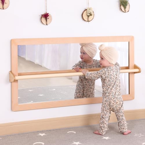 KRAND 3-Position Montessori Shatterproof Safety Baby Mirror w/Pull Up Handrail, Infant Coordination Mirror Set, Kid's Classroom Furniture for Nursery, Daycare, Homeschool or Preschool (Natural Pura)
