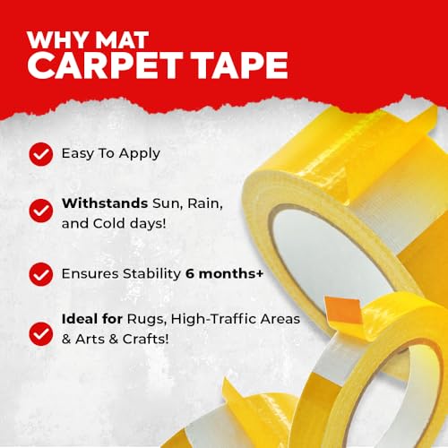 Image of MAT Carpet Tape Double Sided Adhesive 1.5 Inch x 75 Feet- High Tack Rug Tape for Hardwood, Mounting, Textiles - Residue Free, Strong Adhesion to Floor, Tiles, Area Rough Fixed DCCT61W