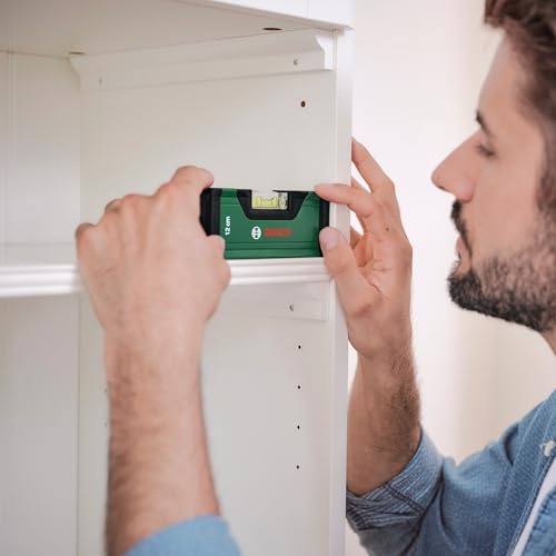 Bosch Wasserwaage 12cm (Mini-Wasserwaage; präzises Ausrichten mit fluoreszierender Libelle für horizontales Ablesen; Aluminiumgehäuse; Softgrip-Stoßfänger; V-Nut)