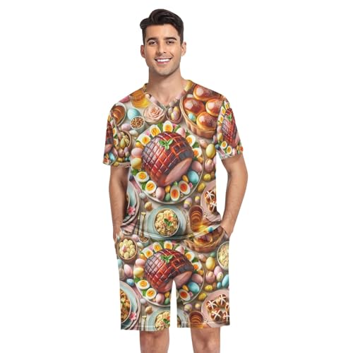 Mens Pajama Short Sleeve Sleepwear with Pockets Lounge V Neck Nightwear 2 Pcs Pj Set, S-XXL