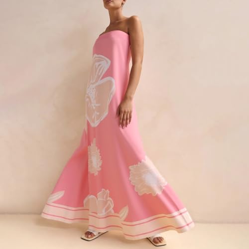 Image of Zwirelz Women Strapless Maxi Dress Boho Floral Print Flowy Long Tube Dress Off Shoulder Loose Beach Sundress