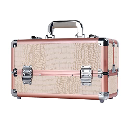 Make-up-Organizer-Box, Aluminium, 4 Fächer, große Kosmetikaufbewahrung, Krokodilstruktur, 35,6 cm, mit Schlüssel Cover