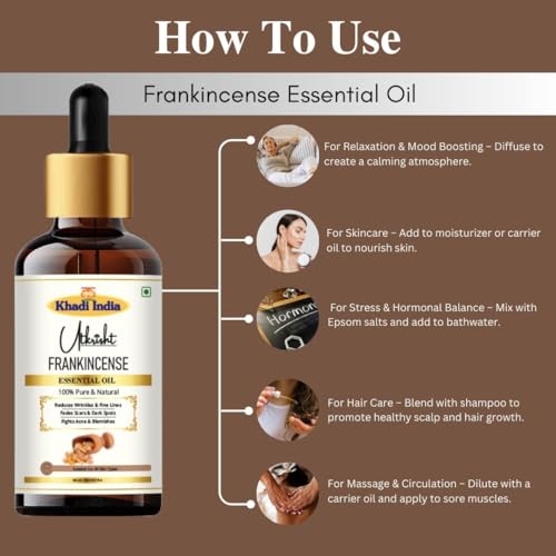 Image of Khadi Frankincense Essential Oil 15 ml | Pure & Natural | For Scalp Care, Skin Tightening & Fine Lines | Anti Aging Properties | Oil for Face | All Skin Types | Aromatherapy for Men & Women