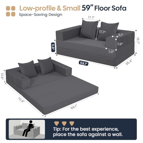 Image of COMAX Futon Sofa Bed, Convertible Sofa Bed, Folding Boneless Couches | Low-Profile Boneless Couch for Living Room, 11.8 inch H Low Seat Small 59 inch Foldable Floor Sleeper Mattress Lounge Space‑Saving