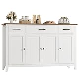 HORSTORS 55' Buffet Cabinet, Modern Farmhouse Sideboard Buffet with Drawers, Large Kitchen Storage Cabinet with Adjustable Shelves, Wood Coffee Bar for Kitchen, Dining Room, Living Room, White
